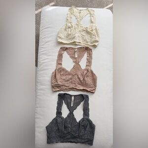 Free People Lace Racerback Bralette Trio in Cream, Mauve, Charcoal